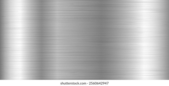 Silver metal texture. Metal brushed background. Vector silver foil background. Textured metallic sheet with gradient. Horizontal silver with straight lines effect