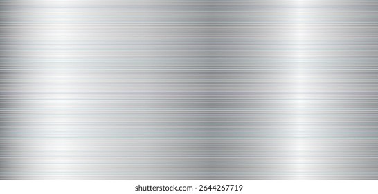 Silver metal texture. Metal brushed background.  Textured holographic metallic sheet with gradient. Horizontal silver with straight lines. Vector silver foil background.