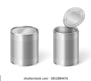 Silver metal tincan set. Open and closed metal tin can for canned food storage. Realistic 3d template. Conserve product packing vector illustration