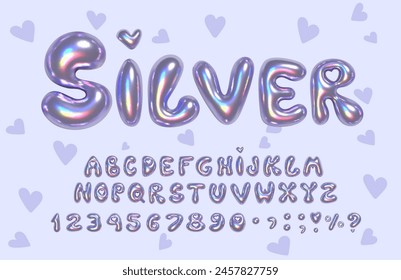 Silver Metal Trending 3D Bubble Rainbow Refraction Gradient Font Full Vector. 3d Letters, alphabet, numbers in y2k style with heart shape. Font for Holidays