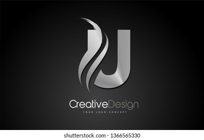 Silver Metal U Letter Design Brush Paint Stroke. Letter Logo with Black Background