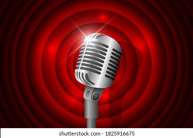 Silver metal vintage microphone illuminated and red circle background. Retro music concept. Mic on empty theatre stage. Stand up comedy night show. Karaoke party vector eps art illustration