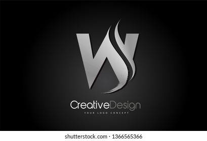 Silver Metal W Letter Design Brush Paint Stroke. Letter Logo on Black Background