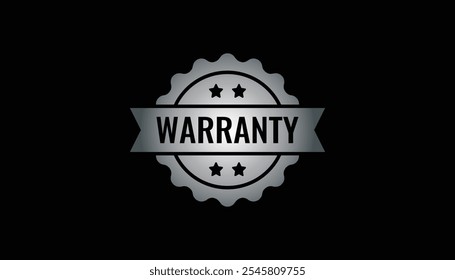Silver Metal warranty badge design. Round emblem with a star, seal, and star elements. Ideal for use in consumer assurance, product packaging, and promotional materials for quality guarantee.