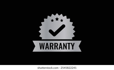 Silver Metal warranty badge design. Round emblem with a star, seal, and star elements. Ideal for use in consumer assurance, product packaging, and promotional materials for quality guarantee.