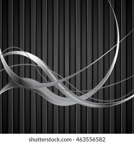 Olas de metal plateado sobre fondo rayado negro. Diseño de cromo oscuro del vector