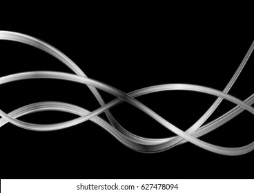 Silver metal waves on black background. Vector dark chrome design