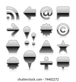 Silver metal web button set with gray shadow and grey reflection on white background