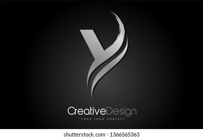 Silver Metal Y Letter Design Brush Paint Stroke. Letter Logo with Black Background