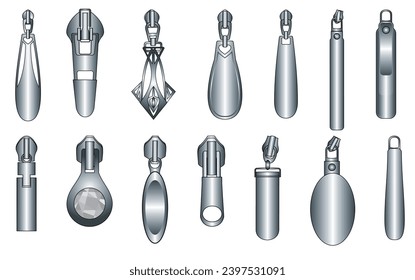 Silver metal Zipper puller flat sketch vector illustration set, different types of 3D Zip pull for fasteners, dresses garments, bags, Fashion illustration, Clothing and Accessories