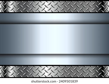 Silver metallic 3d background with banner in the center and diamond plate metal pattern, vector illustration.