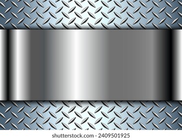 Silver metallic 3d background with banner in the center and diamond plate metal pattern, vector illustration.