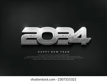 Silver metallic 3d modern new year, 2024 happy new year elegant banner poster.