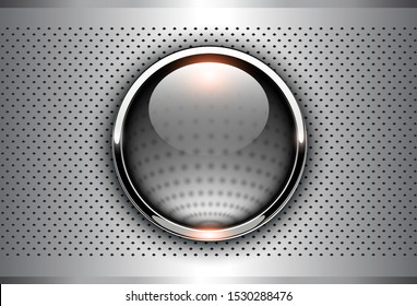 Silver metallic background, 3D with shiny button and dotted pattern, vector illustration.