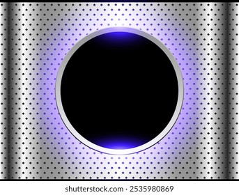 Silver metallic background with circle button inside, ring with purple blue neon glow on chrome metal background, vector illustration.