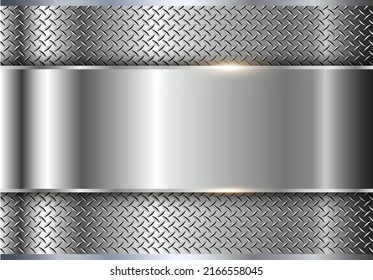 Silver metallic background, shiny and lustrous metal banner with diamond plate texture, 3D chrome glossy vector illustration.