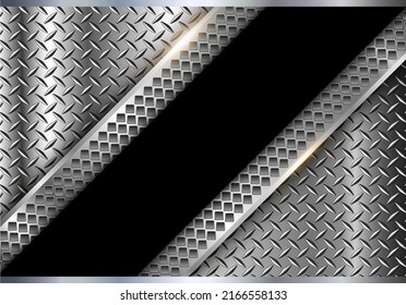 Silver metallic background, shiny and lustrous metal banner with diamond plate texture, 3D chrome glossy vector illustration.
