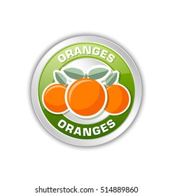 Silver metallic badge with three oranges placed on white background