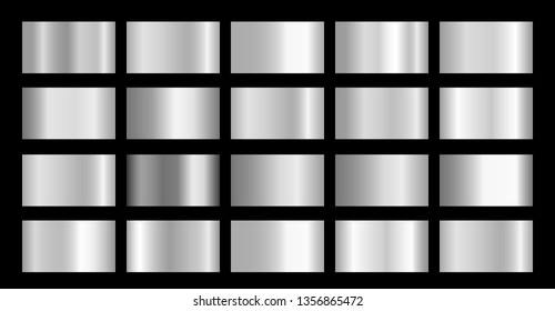 Silver Metallic, chrome, aluminium, platinum, steel, iron metal foil texture gradient template. Vector golden swatch set. Metallic silver white gradient illustration gradation for backgrounds, banner 