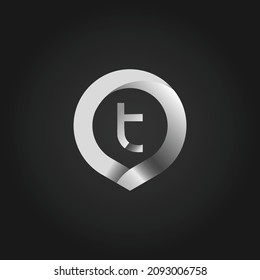 Silver Metallic Circle Letter T Logo Design. 3D Letter T Circle Logo Template.