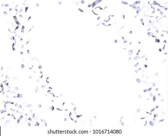 Silver metallic confetti flying on white holiday background design. Chic tinsel sparkle elements flying, gradient foil texture serpentine streamers confetti falling anniversary backdrop
