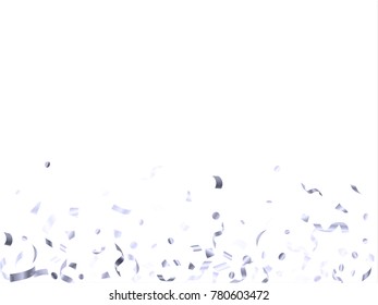 Silver metallic confetti flying on white holiday banner backdrop. Rich tinsel sparkle elements flying, gradient foil texture serpentine streamers confetti falling carnival background.