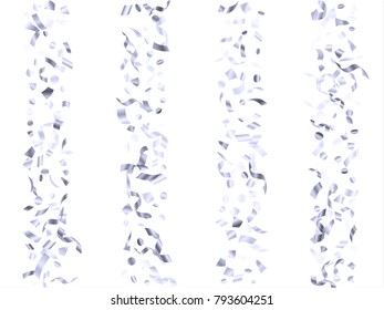 Silver metallic confetti flying on white holiday poster background. Luxurious tinsel sparkle elements flying, gradient foil texture serpentine streamers confetti falling birthday background.