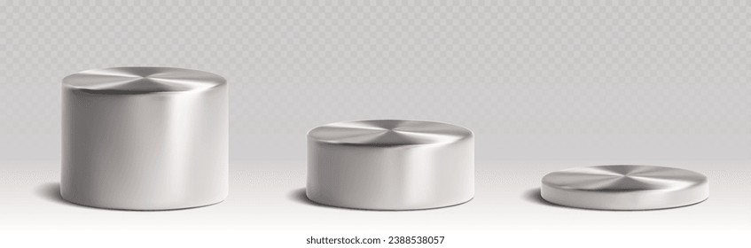 Silver metallic cylinder product podiums of different height. Realistic 3D vector illustration set of grey metal round stands for goods displaying. Geometric pillar platform mockup for awarding winner