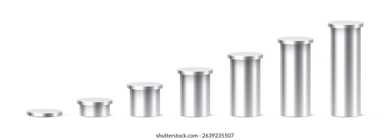 Silver metallic cylindrical podiums in ascending height. Minimalist 3D columns for ranking, data visualization, infographics, or product display. Realistic vector illustration.