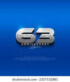 Número de diseño metálico plateado. Celebración del 63° aniversario con elegante diseño 3d. Fondo vectorial premium para saludos y celebraciones.