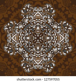 silver metallic floral pattern hohloma on brown background vector