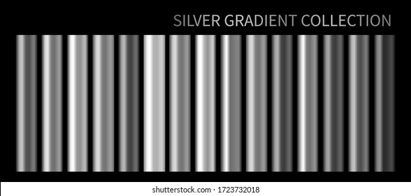 Silver Metallic Gradient, Chrome, Metal Foil Texture Template. Vector Silver Swatch Set. Vector Metallic Gray Gradient Illustration Grey Gradation For Banner, Web, Screen, Surface, Tag, Background