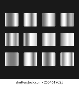 Silver metallic gradient set. Chrome texture metal background. Glossy design for frames, banners, ribbons and labels. Vector illustration