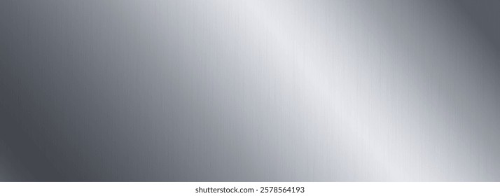 Silver metallic gradient texture. Grey polished metal foil background. Wide shiny titan or aluminum sheet for label, plate, sign, tag. Stainless steel textured material surface. Vector chrome backdrop