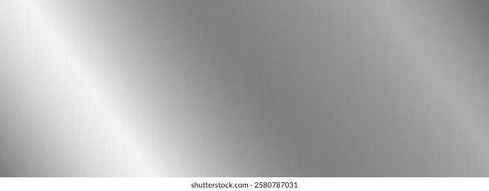 Silver metallic gradient texture. Grey polished metal foil background. Wide shiny titan or aluminum sheet for label, plate, sign, tag. Stainless steel material surface texture. Vector chrome backdrop
