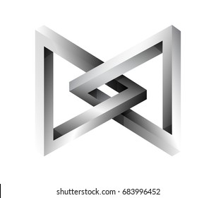 Silber metallische unmögliche Dreiecksfigur. Vektorgrafik, Logo mit zwei unmöglichen Dreiecken.