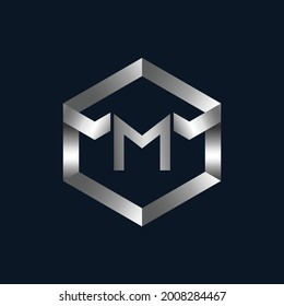 Silver Metallic Letter M Logo Template.  Metallic Logo Design for Letter M.