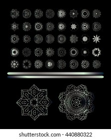 Silver metallic mandala, round arabic ornament on black background.