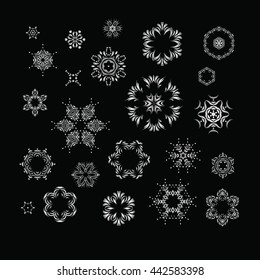 Silver metallic mandala, round arabic ornament on black background.