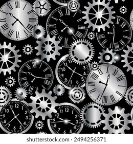 Silver metallic mechanical gears and clocks seamless pattern on black background