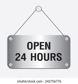silver metallic open 24 hours sign hanging on the wall 