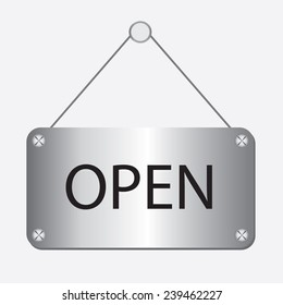 silver metallic open sign hanging on the wall 
