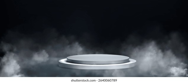 Silver metallic podium platforms in dramatic smoke atmosphere - circular stage display with fog effects for luxury product presentation, modern showcase design and mysterious background ambiance.