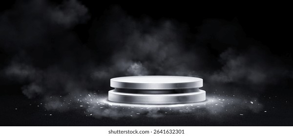Silver metallic podium platforms in dramatic smoke atmosphere - circular stage display with fog effects for luxury product presentation, modern showcase design and mysterious background ambiance.