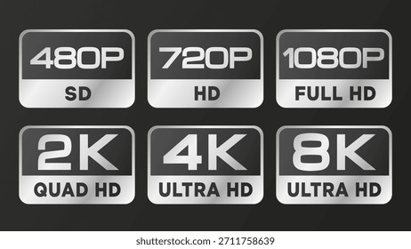 Silber-Icon mit metallischer Auflösung, einschließlich 480p, 720p, 1080p, 2K, 4K und 8K für Videoschnittstelle, Streaming-Plattform, UI-Design und digitale Medien. Vektorgrafik