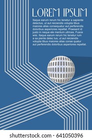 Silver metallic round logotype on dark blue background, broken lines and sphere with shadow