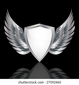 silver metallic shield reflected on a glossy surface
