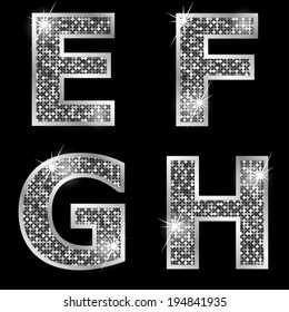 Silver metallic shiny letters E, F, G, H 