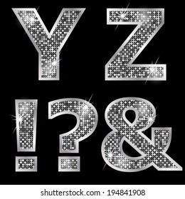 Silver metallic shiny letters Y, Z, !, ?, & 