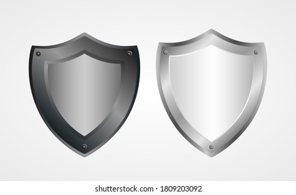 Silver metallic shiny shield vector icon isolated on white background